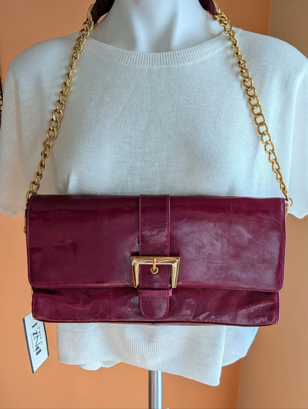 NEW The Find Burgundy Leather Shoulder Bag with Gold Chain